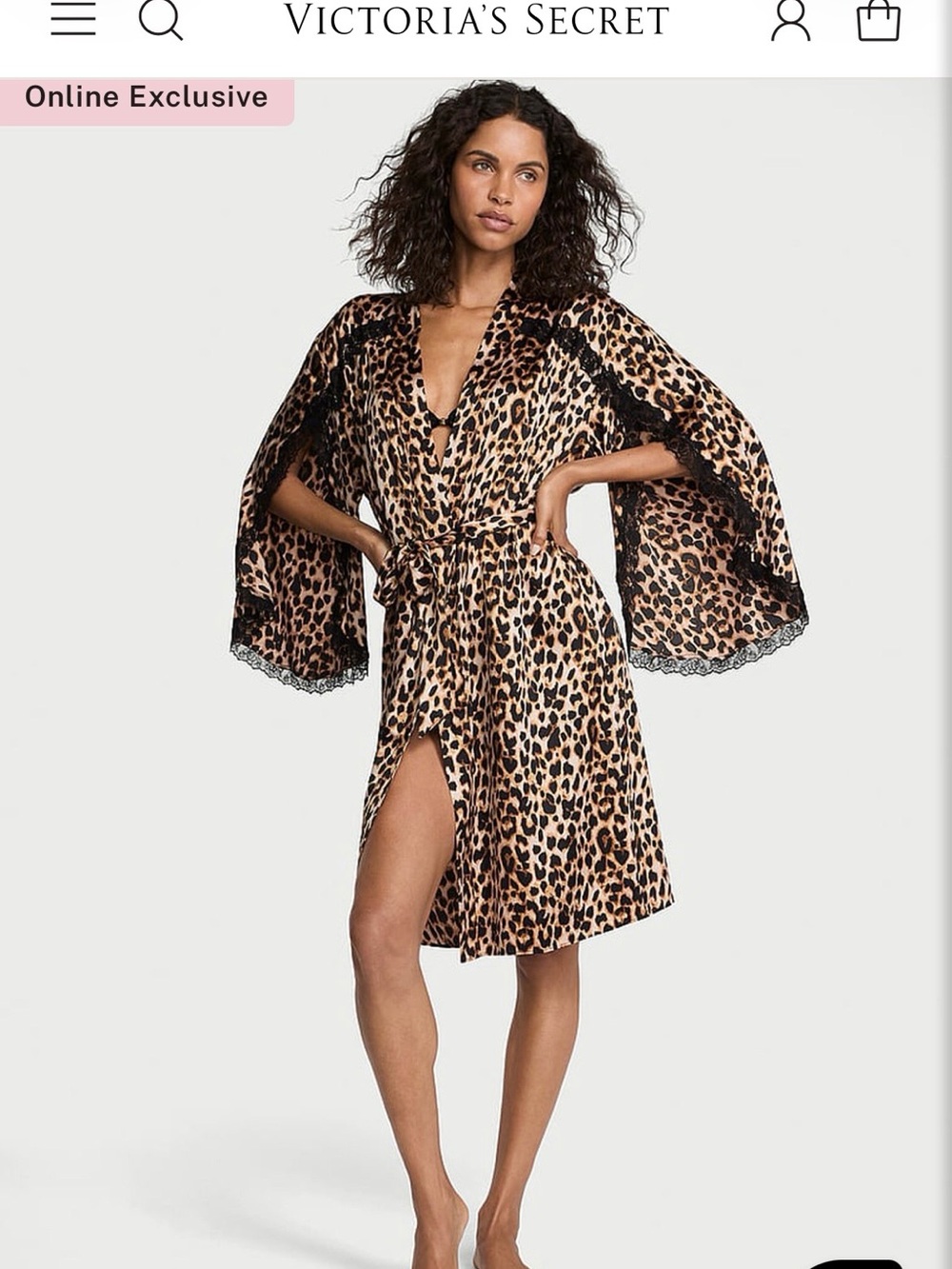 Victoria's Secret Leopard-Print Satin Robe with Black Lace Trim